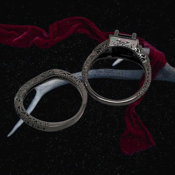 Goth Black Crystal Black Rhodium Wedding Set Size 7 1/2 - Picture 4 of 7